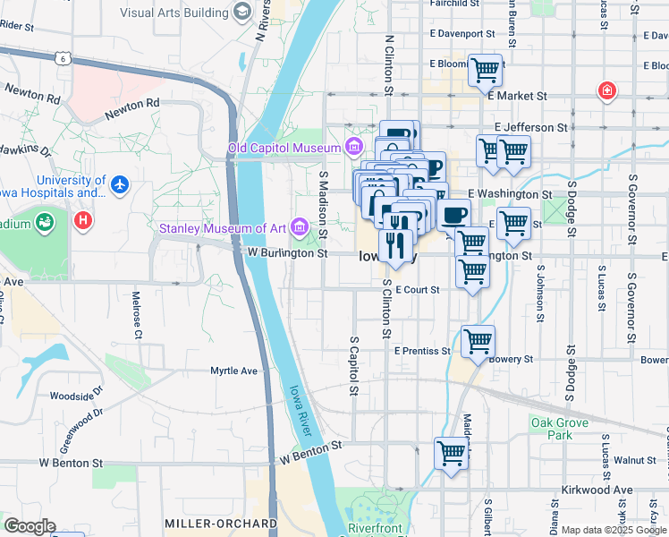 map of restaurants, bars, coffee shops, grocery stores, and more near 316 South Madison Street in Iowa City