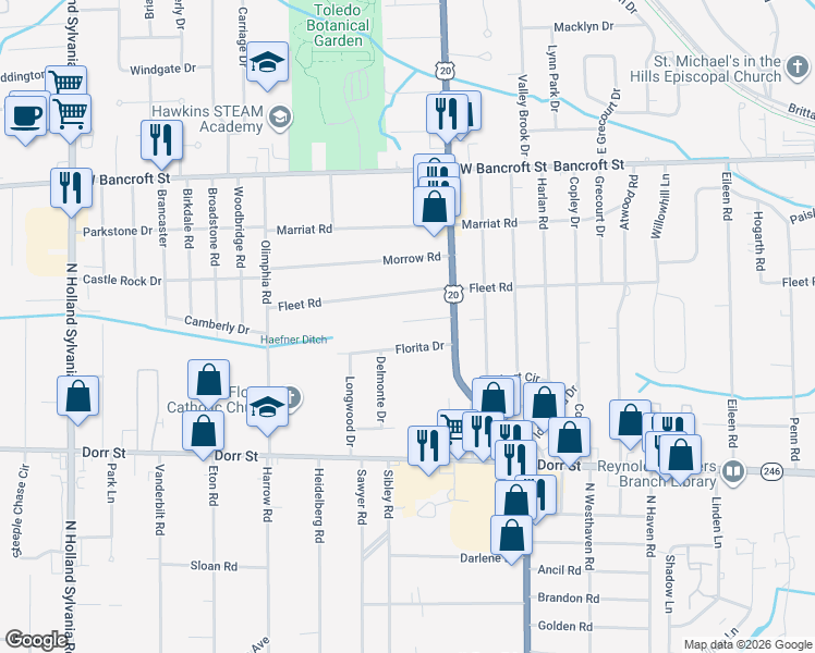 map of restaurants, bars, coffee shops, grocery stores, and more near 5405 Fleet Road in Toledo