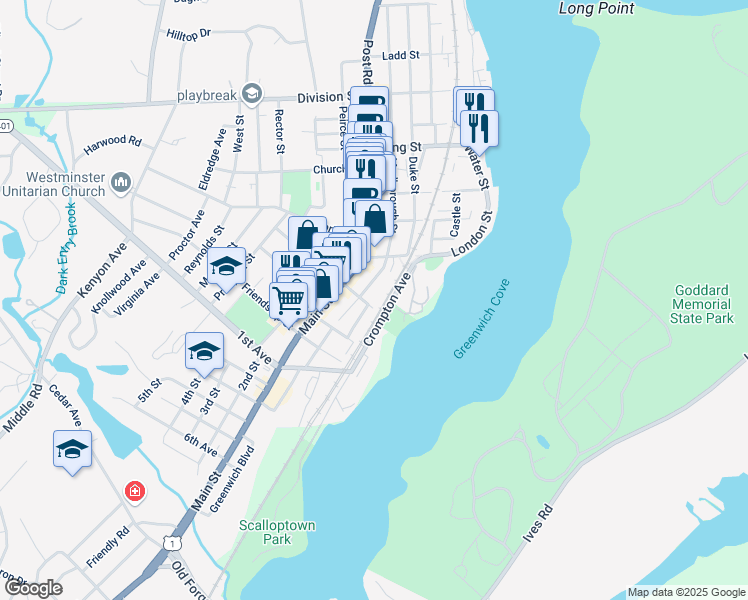 map of restaurants, bars, coffee shops, grocery stores, and more near 194 Marlborough Street in East Greenwich