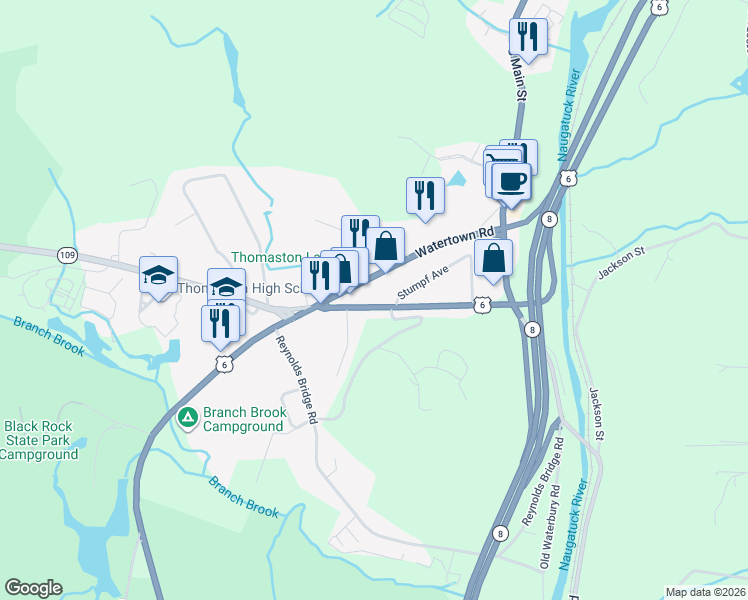 map of restaurants, bars, coffee shops, grocery stores, and more near 141-179 Watertown Road in Thomaston