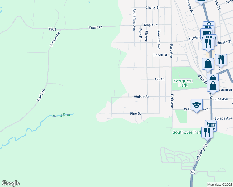 map of restaurants, bars, coffee shops, grocery stores, and more near 498 Ash Street in Kane