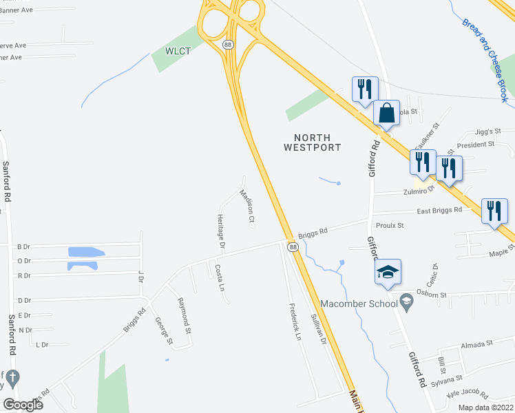 map of restaurants, bars, coffee shops, grocery stores, and more near 47 Heritage Drive in Westport