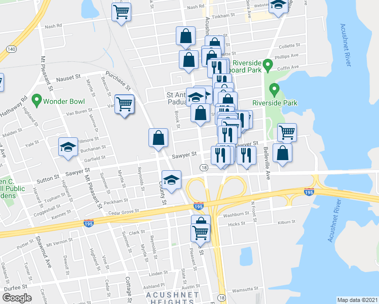 map of restaurants, bars, coffee shops, grocery stores, and more near 337 Sawyer Street in New Bedford