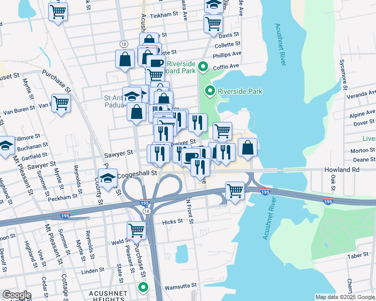 map of restaurants, bars, coffee shops, grocery stores, and more near 188 Sawyer Street in New Bedford