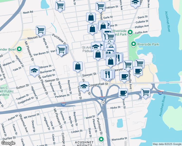 map of restaurants, bars, coffee shops, grocery stores, and more near 140 Holly Street in New Bedford