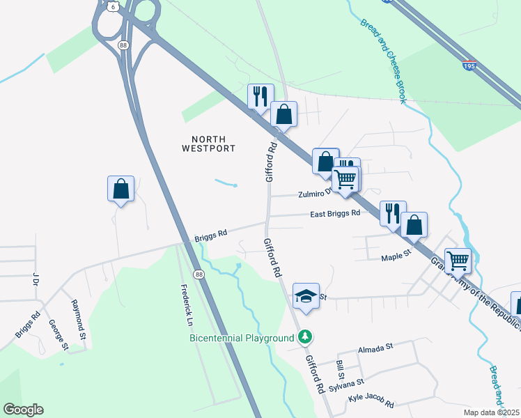 map of restaurants, bars, coffee shops, grocery stores, and more near 57 Gifford Road in Westport