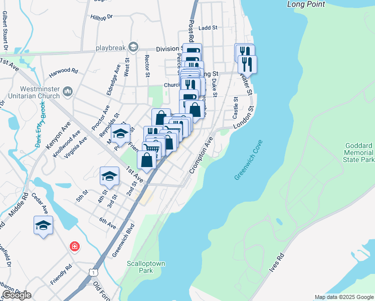 map of restaurants, bars, coffee shops, grocery stores, and more near 442 Main Street in East Greenwich