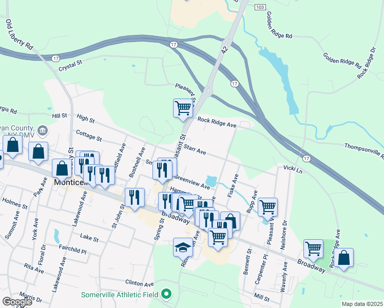 map of restaurants, bars, coffee shops, grocery stores, and more near 21 Starr Avenue in Monticello