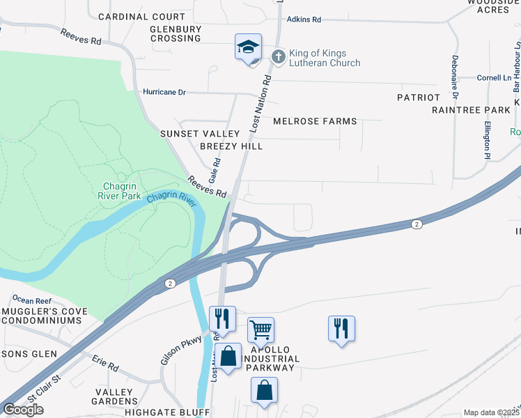 map of restaurants, bars, coffee shops, grocery stores, and more near 3145 Lost Nation Road in Willoughby