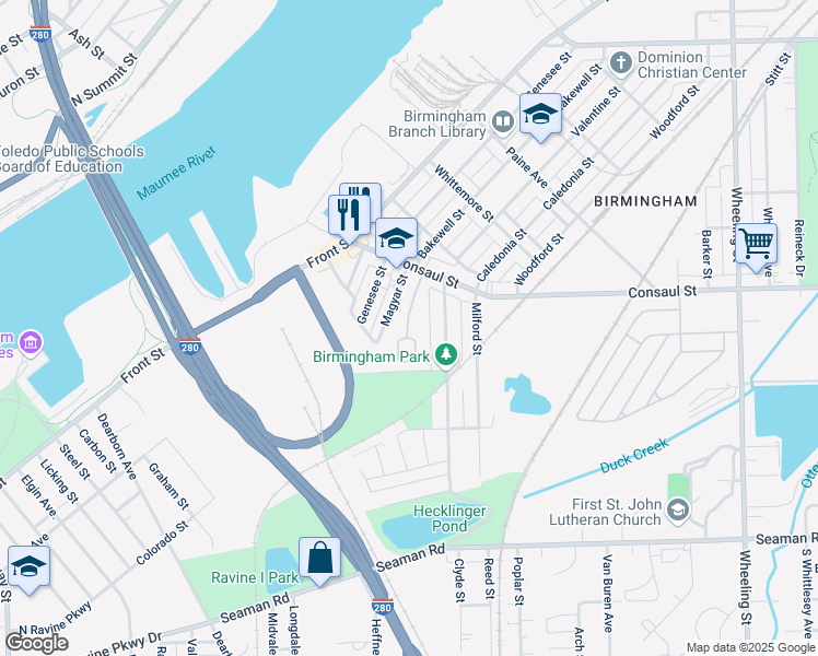 map of restaurants, bars, coffee shops, grocery stores, and more near 112 Birmingham Terrace in Toledo