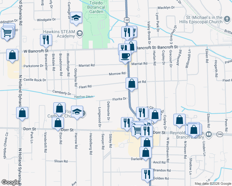 map of restaurants, bars, coffee shops, grocery stores, and more near 5405 Fleet Road in Toledo