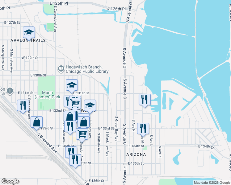 map of restaurants, bars, coffee shops, grocery stores, and more near 13000 South Green Bay Avenue in Chicago
