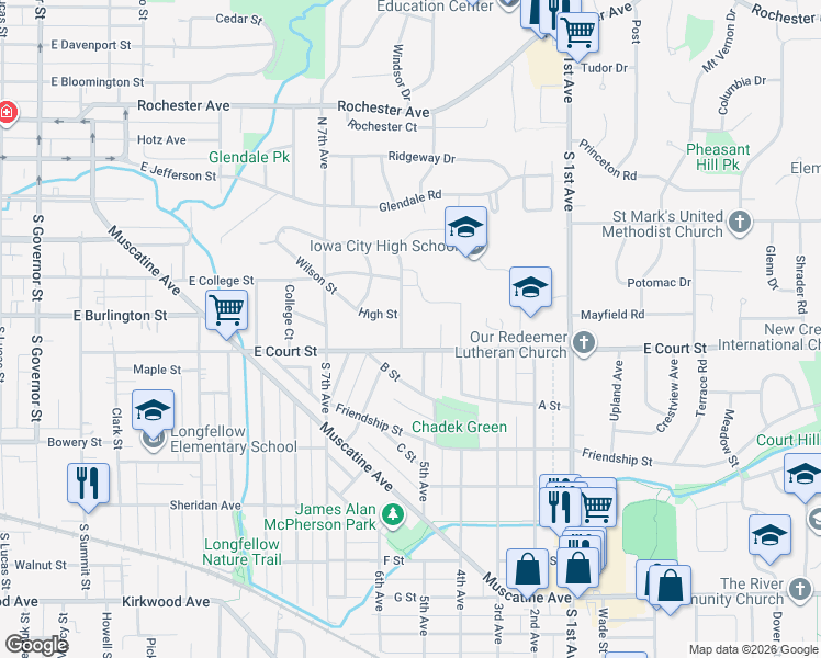 map of restaurants, bars, coffee shops, grocery stores, and more near 1830 High Street in Iowa City