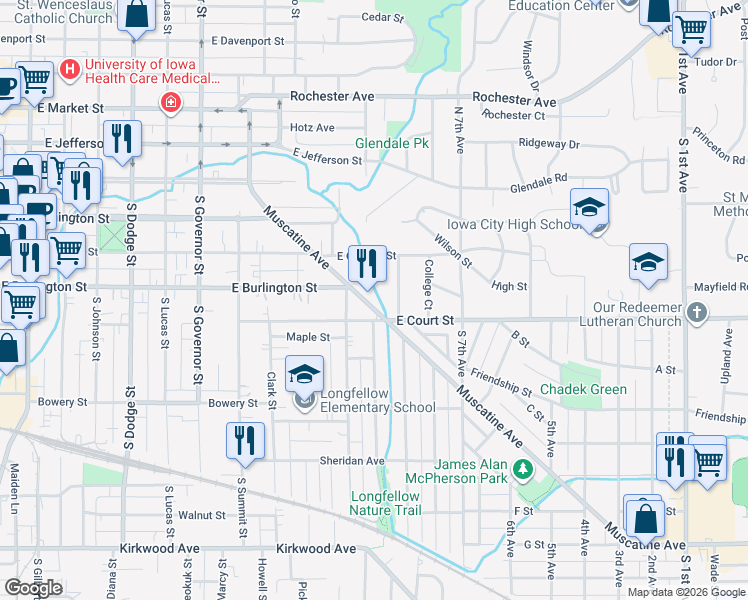 map of restaurants, bars, coffee shops, grocery stores, and more near 231 Fairview Avenue in Iowa City