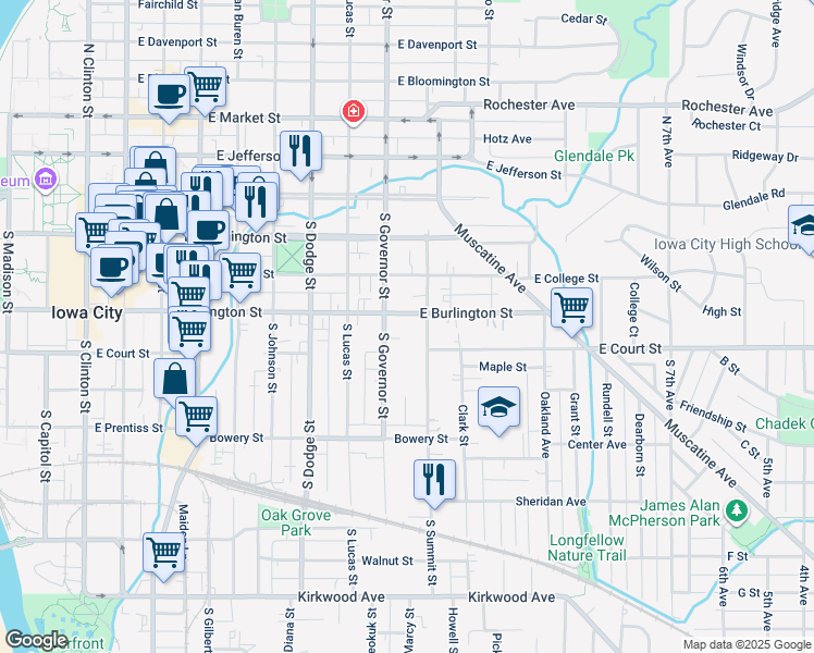 map of restaurants, bars, coffee shops, grocery stores, and more near 250 South Governor Street in Iowa City