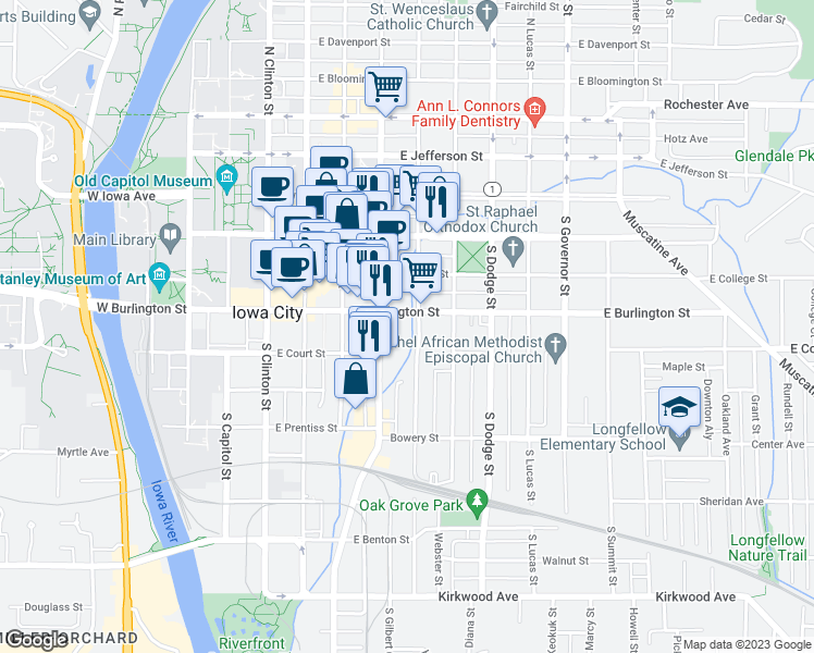 map of restaurants, bars, coffee shops, grocery stores, and more near 522 East Burlington Street in Iowa City
