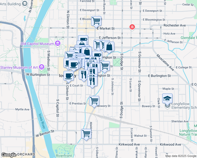 map of restaurants, bars, coffee shops, grocery stores, and more near in Iowa City