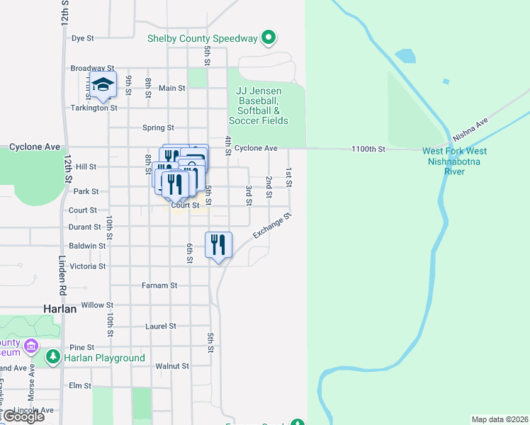 map of restaurants, bars, coffee shops, grocery stores, and more near 1007 2nd Street in Harlan