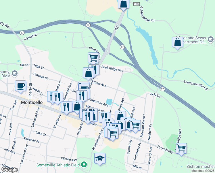 map of restaurants, bars, coffee shops, grocery stores, and more near 21 Starr Avenue in Monticello