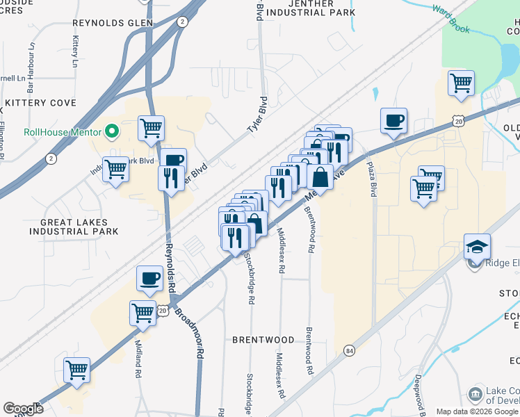 map of restaurants, bars, coffee shops, grocery stores, and more near 7559 Mentor Avenue in Mentor