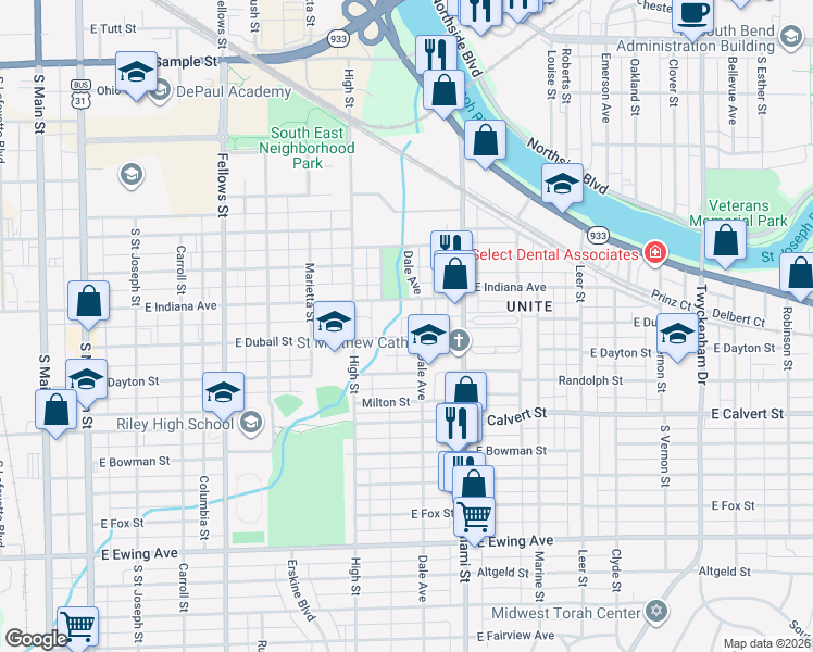 map of restaurants, bars, coffee shops, grocery stores, and more near 1002 Avenue in South Bend
