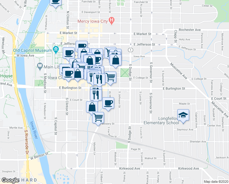 map of restaurants, bars, coffee shops, grocery stores, and more near 511 East Burlington Street in Iowa City