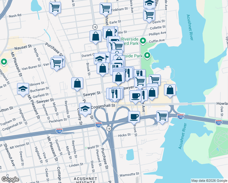 map of restaurants, bars, coffee shops, grocery stores, and more near 1207 Acushnet Avenue in New Bedford