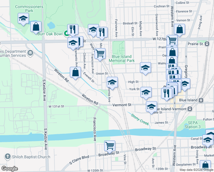 map of restaurants, bars, coffee shops, grocery stores, and more near 12930 California Avenue in Blue Island