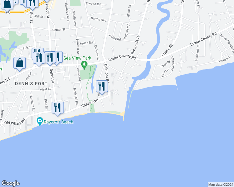 map of restaurants, bars, coffee shops, grocery stores, and more near 1 Belmont Road in Harwich