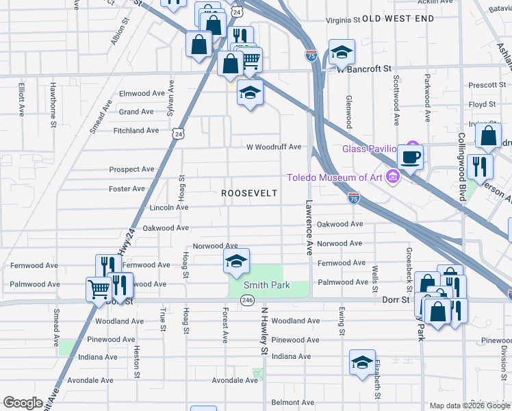 map of restaurants, bars, coffee shops, grocery stores, and more near 1044 Lincoln Ave in Toledo