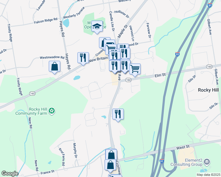 map of restaurants, bars, coffee shops, grocery stores, and more near 1160 Elm Street Extension in Rocky Hill