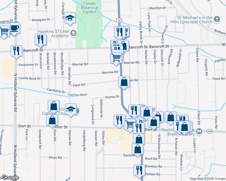 map of restaurants, bars, coffee shops, grocery stores, and more near 5322 Collomore Road in Toledo