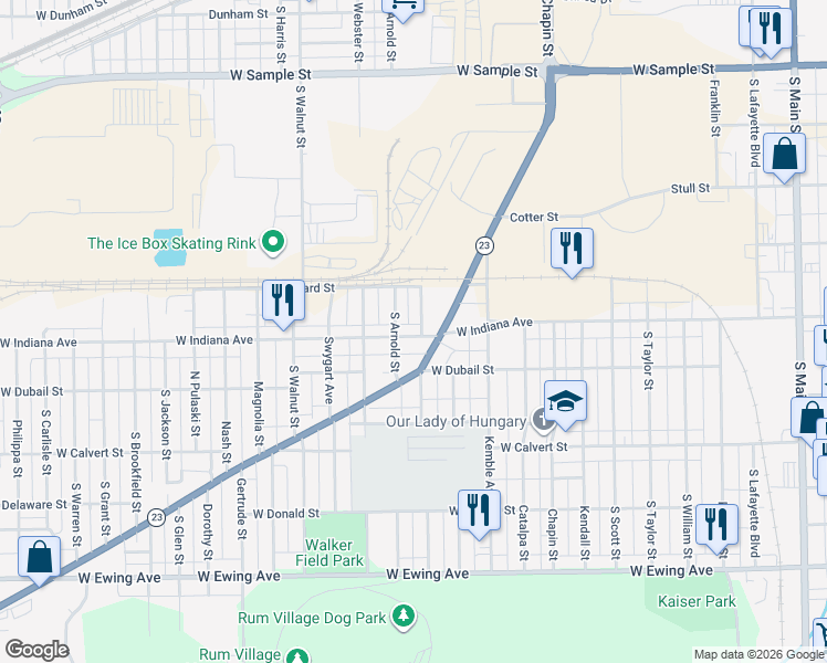 map of restaurants, bars, coffee shops, grocery stores, and more near 1121 West Indiana Avenue in South Bend