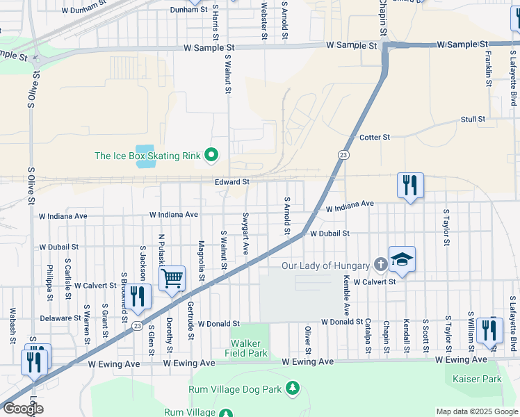 map of restaurants, bars, coffee shops, grocery stores, and more near 1500-1574 Swygart Avenue in South Bend