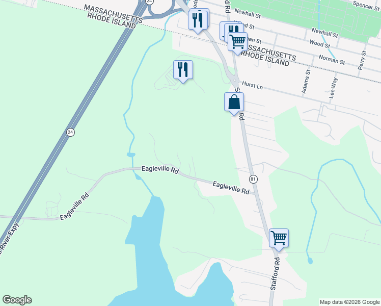 map of restaurants, bars, coffee shops, grocery stores, and more near 1712 Eagleville Road in Tiverton