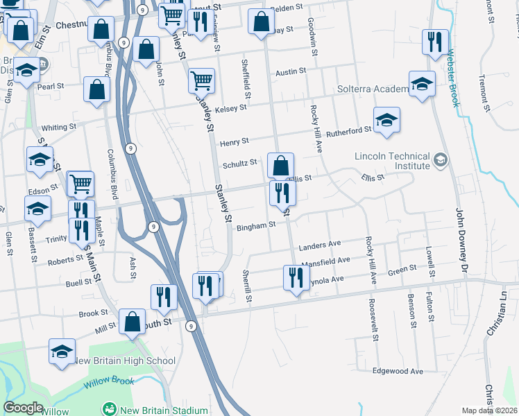 map of restaurants, bars, coffee shops, grocery stores, and more near 89 Collins Street in New Britain