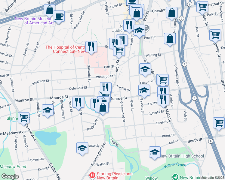 map of restaurants, bars, coffee shops, grocery stores, and more near 1 Columbia Street in New Britain