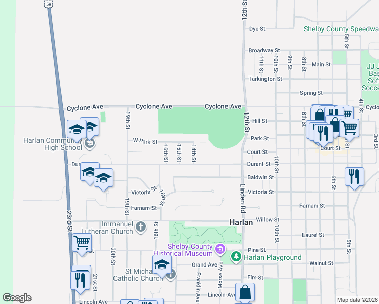 map of restaurants, bars, coffee shops, grocery stores, and more near 1006 14th Street in Harlan