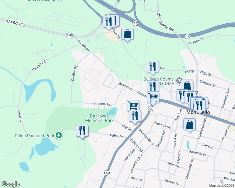 map of restaurants, bars, coffee shops, grocery stores, and more near 14 Hillside Avenue in Monticello