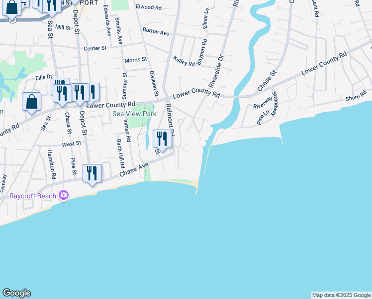 map of restaurants, bars, coffee shops, grocery stores, and more near 1 Belmont Road in Harwich