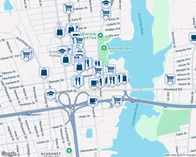 map of restaurants, bars, coffee shops, grocery stores, and more near 188 Sawyer Street in New Bedford