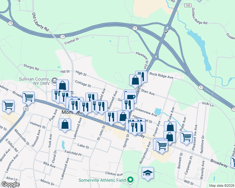 map of restaurants, bars, coffee shops, grocery stores, and more near 35 Bushnell Avenue in Monticello