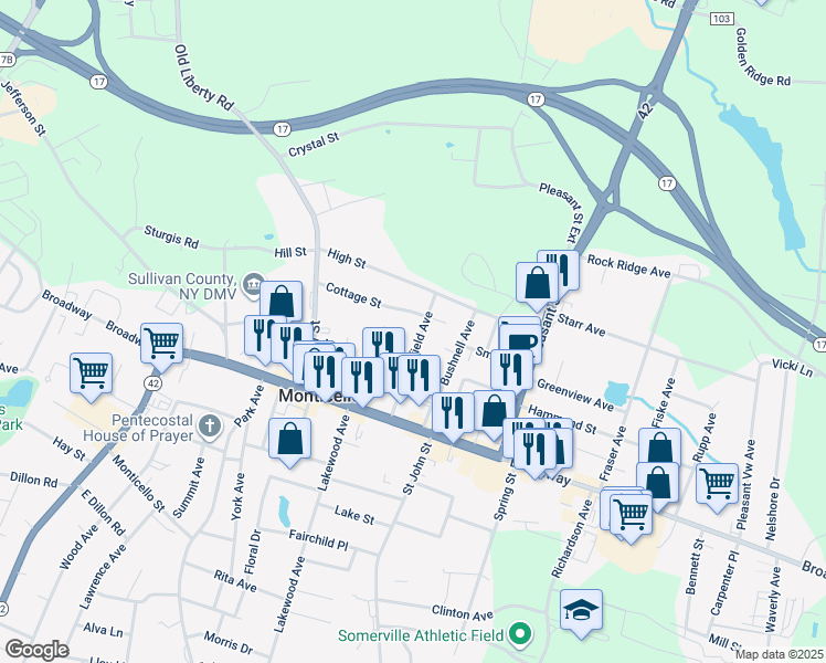 map of restaurants, bars, coffee shops, grocery stores, and more near 50 Landfield Avenue in Monticello