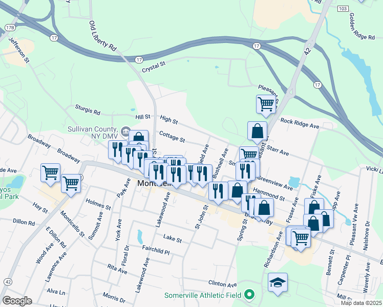 map of restaurants, bars, coffee shops, grocery stores, and more near 23 Cottage Street in Monticello