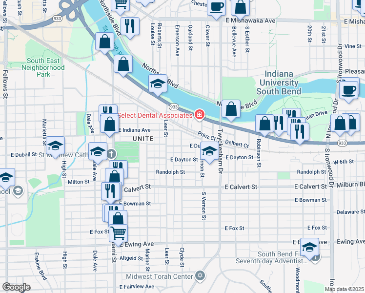 map of restaurants, bars, coffee shops, grocery stores, and more near 1621 Clyde Street in South Bend