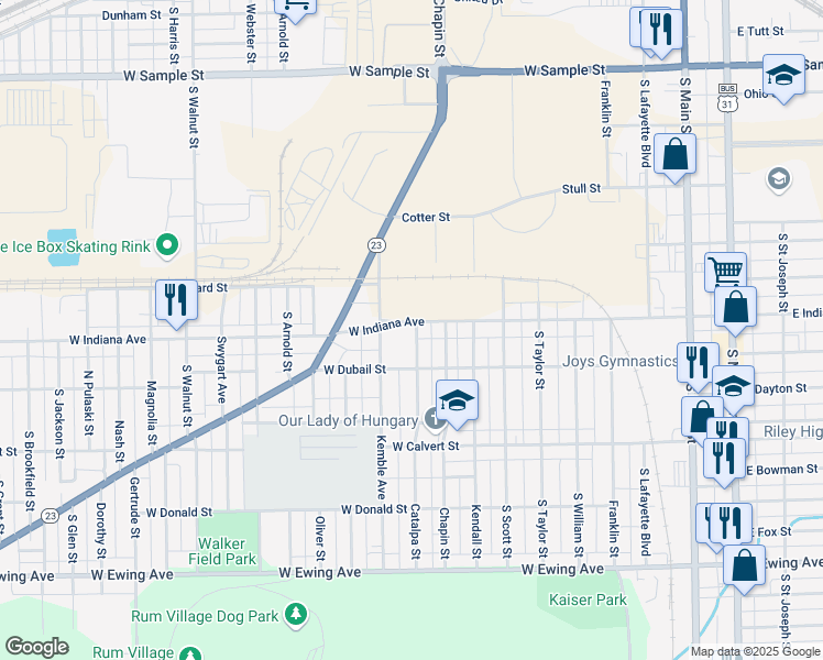 map of restaurants, bars, coffee shops, grocery stores, and more near 817 West Indiana Avenue in South Bend