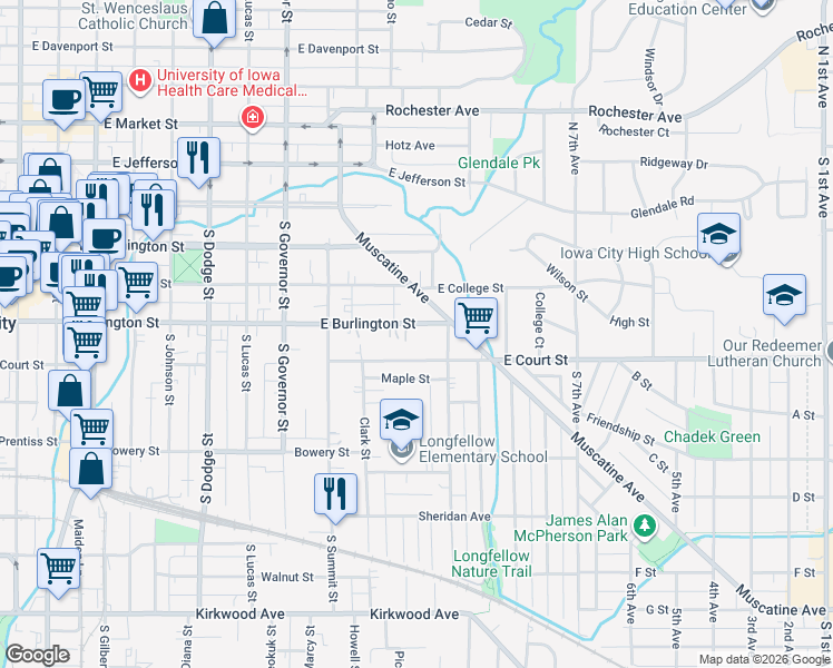 map of restaurants, bars, coffee shops, grocery stores, and more near 1204 East Burlington Street in Iowa City
