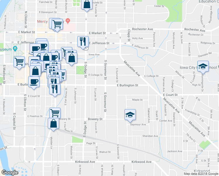 map of restaurants, bars, coffee shops, grocery stores, and more near 250 South Governor Street in Iowa City