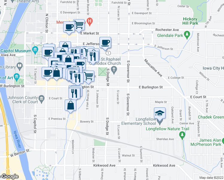 map of restaurants, bars, coffee shops, grocery stores, and more near 230 South Dodge Street in Iowa City