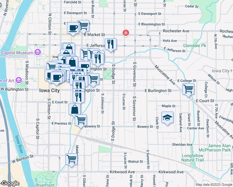 map of restaurants, bars, coffee shops, grocery stores, and more near 230 South Dodge Street in Iowa City